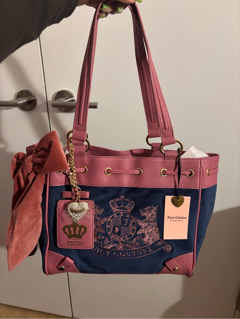 Juicy Couture Scottie dogs Pink & Navy Tote Bag color is regal blue/chateau - Picture 4 of 11